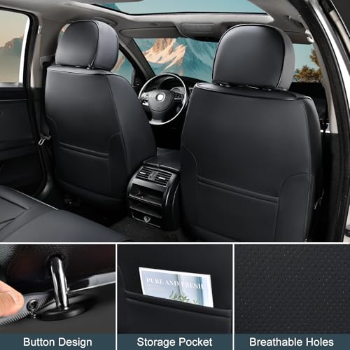 Image of TIEHESYT Black Car Seat Covers Full Set, Breathable Leather Automotive Front and Rear Seat Covers with Headrest, Waterproof Auto Seat Protectors Fit for Most Sedans SUV Pick-up Truck