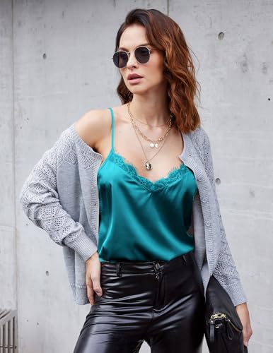 Image of Ekouaer Women's Satin Camisole Lace Silk Satin Pajama Tank Tops V Neck Soft Spaghetti Strap Loose Sleepwear Blue Green L