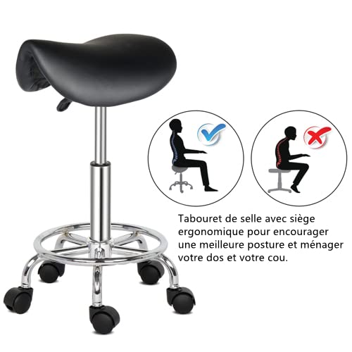 Tabouret de Massage, Tabouret de Selle de Cheval pivotant à 360°, Réglable en Hauteur, pour Les Salons, Instituts de beauté, Cliniques, Bureaux (Noir)