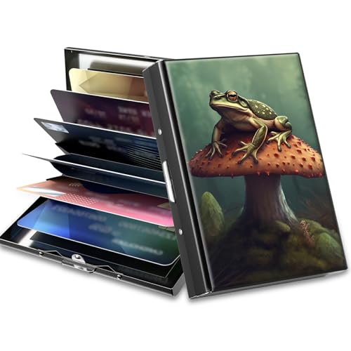 BWEGRHE Slim Credit Card Holder, Frog Mushroom RFID Blocking Metal Wallet for Men & Women, Aluminum Minimalist Hard Case Pocket-Sized Business Cards Organizer (Fits Up to 10 Cards)