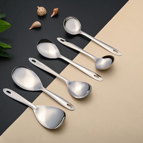 Image of Montavo by FnS 6 Pieces Stainless Steel Serving Spoon Set, 2 Rice Servers, 2 Gravy Ladles, 2 Vegetable Serving Spoons, Mirror Finish Food Grade Serving Cutlery for Home, Kitchen & Dining