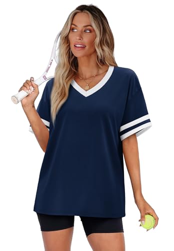 Image of WIHOLL Womens T Shirts Loose Fit Short Sleeve Tees V Neck Color Block Summer Tops 2026 Fashion S-4XL