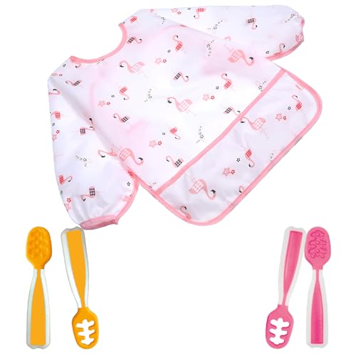 Cucharas Bebe Aprendizaje + Babero con Mangas Impermeable - Precucharas Bebe Blw para Primeros Alimentos, Cuchara Silicona Bebé, Cubiertos, Alimentacion Complementaria, Baby Led Weaning