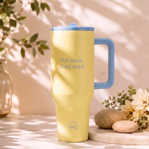 Image of House of Quirk 1200ML Tumbler with Handle & Simple Flip Straw - Car Cup Holder Friendly, Leak Resistant Water Bottle-Reusable Insulated Stainless Steel & Rubber Base (Butter Yellow)