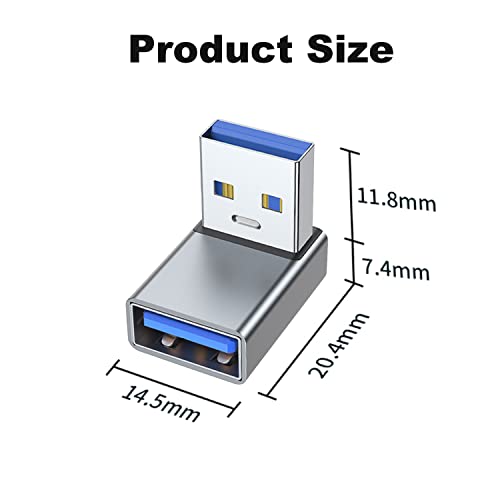 Image of AreMe 90 Degree USB 3.0 Adapter 2 Pack, Up and Down Angle, Grey | USB A Male to Female Converter Extender for PC, Laptop, USB A Charger, Power Bank and More