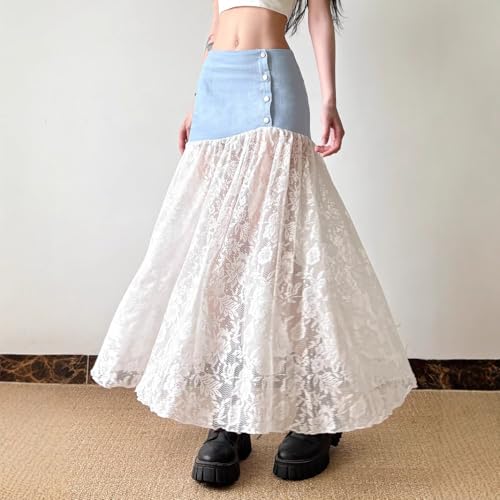 Women's Gentle Style Low Waist Buckle Denim Patchwork lace A-line Skirt Slimming Long Skirt4