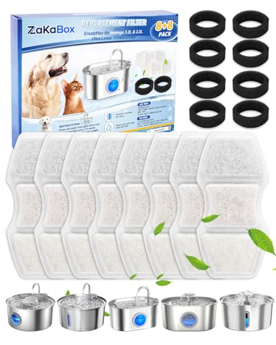 ZaKaBox Lot de 8 filtres de rechange pour fontaine à chat Invengo 3,2 l en acier inoxydable, 5 couches de filtration pour fontaine à eau ultra silencieuse...