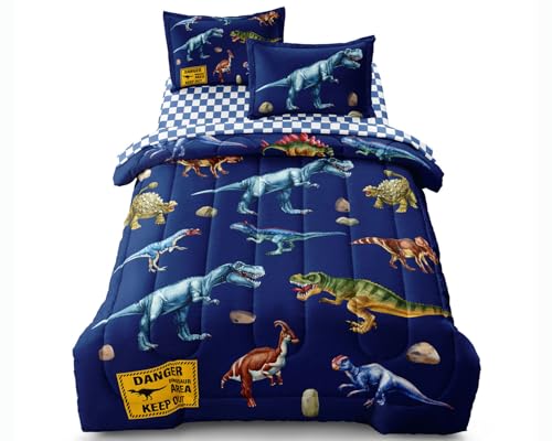 Leaflin Kid Twin Comforter Set - 5 Piece Dinosaur Bedding Set for Boys/Girls - Super Soft Microfiber Bed in a Bag with Comforter, Sheets, Pillowcase, Blue