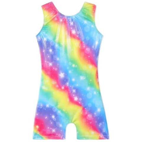 Gymnastics Leotards for Girls Athletic Dance Wear 5 6 Girls Dance Leotard Sparkle Rainbow Galaxy Biketard (Rainbow Galaxy, 5-6Years) Cover