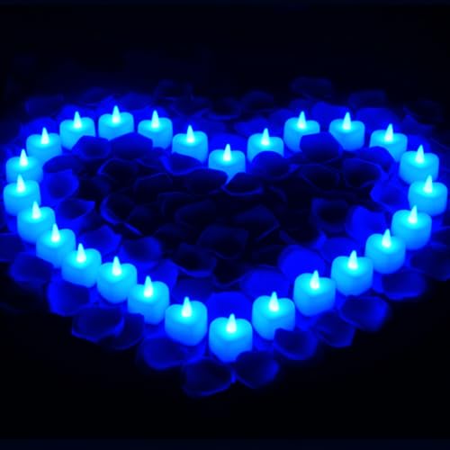 Image of Honoson 1000 Pieces Artificial Blue Rose Petals with 24 Pcs Flameless Heart Shaped LED Tealights Candles Special Romantic Night Decorations for Proposal Wedding Anniversary Table Decor
