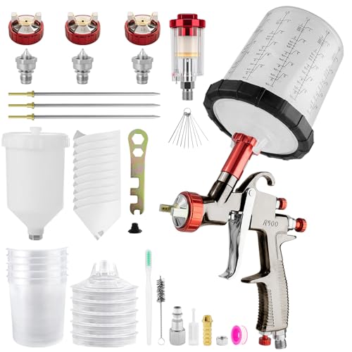 SRQ R500 LVLP Air Spray Gun with 650ml Mixing Cup & 600ml Reusable Plastic Cup 1.3/1.7/2.0mm Nozzles Paint Gun Sprayer Automotive Paint Gun for Car Furniture Fence Varnish& Top Coat