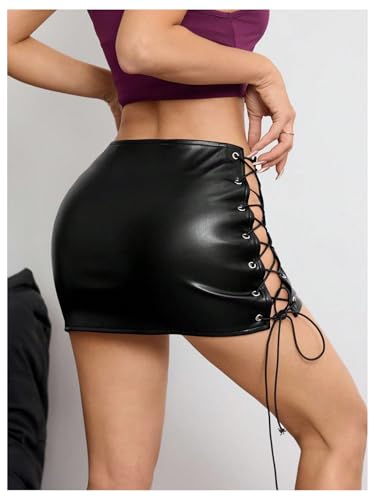 Verdusa Women's Rave Lace Up Faux Leather Skirt Festival Outfits Bodycon Mini Skirts2