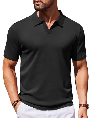 COOFANDY Polos tricotés à Manches Courtes pour Hommes Polos de Golf décontractés d'été Noir M