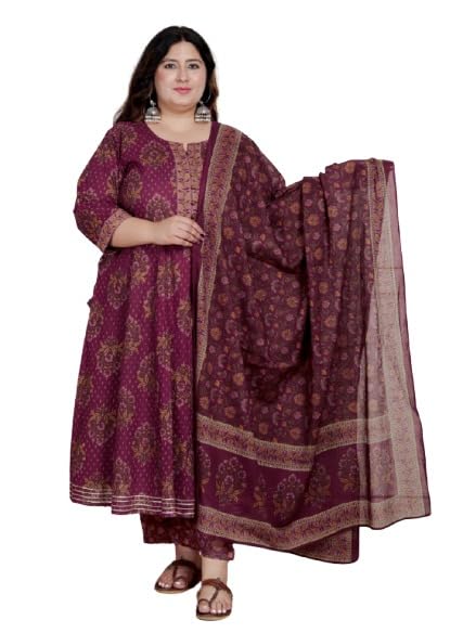 swasti Plus Size Floral Print Pure Cotton Anarkali Flared Kurta, Dupatta & Pant Set Maroon-picture-12