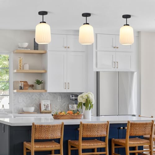 Image of Mid Century Semi Flush Mount Ceiling Lamp - Retro Striation Glass - Vintage Black Close to Ceiling Light for Hallway Passway