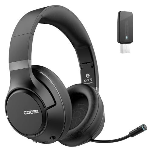 COOSII H300 Wireless Headphones with Microphone, Over Ear Bluetooth Headsets with USB Dongle & Mute, Environmental Noise Cancelling Retractable Mic for Work Office Call Center Laptop Computer (Black)