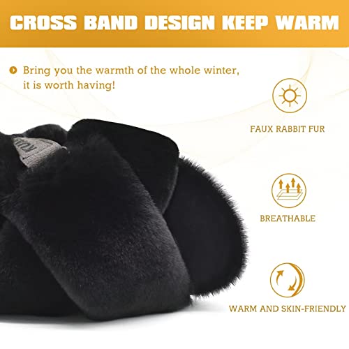 Kuailu Womens Fuzzy Criss Cross Band Platform Slippers Back Strap Fluffy Furry Faux Fur Ladies Open Toe Slingback Slide Slippers Cozy Soft Plush Fleece Comfy House Shoes Sandals Indoor Outdoor Black 8 #TOP4