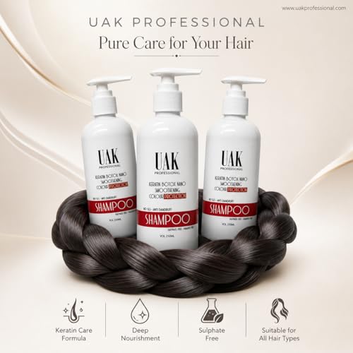 Image of UAK Professional Keratin Shampoo for Smooth & Frizz Control Hair | Salon Professional Hair Care | Helps Repair Dry & Damaged Hair | Color Safe | For Men & Women | 250 ml