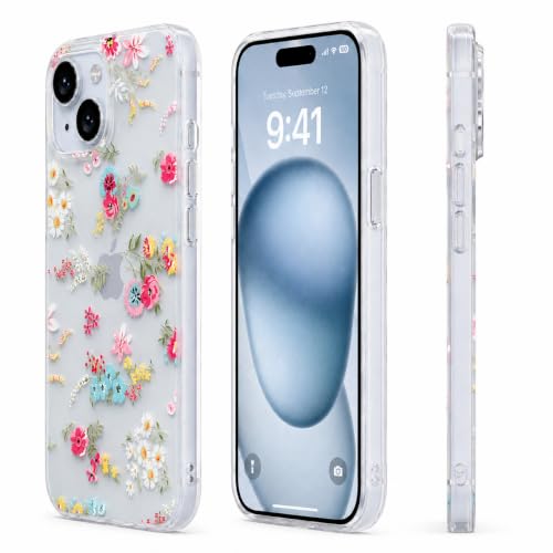 Image of SQUIF for iPhone 14 Plus / 15 Plus Back Case Cover Soft Silicone Translucent Matte Floral Printed Camera Protection (White)