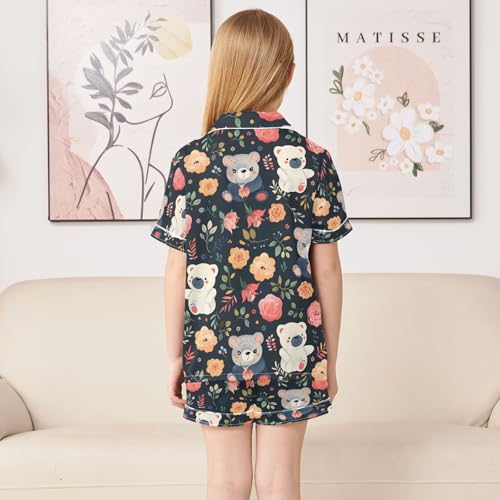 ALAZA Cute Bear Rose Flower on Black Pajamas Satin Pajama Set Short Sleeve Button Down Sleepwear4