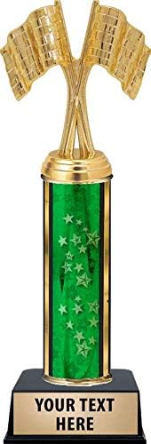 10.5" Racing Crossed Flags Trophies, Personalized Green Racing Crossed Flags Trophy, Your Own Engraving Included Prime