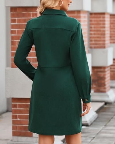 Women’s Corduroy Shirt Dress Long Sleeve Button Down Lapel Collar Midi Shift Tunic Dress with Pockets2