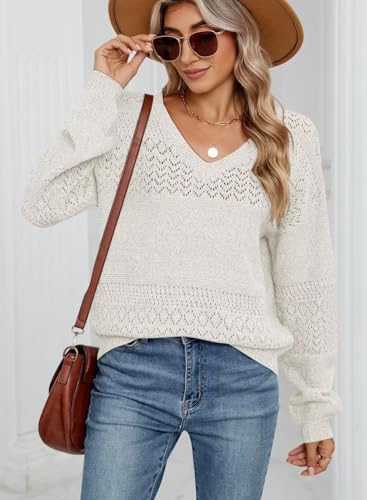 Image of JOCAFIYE Womens Sweaters Casual Long Sleeve V Neck Lightweight Hollow Out Pullover Sweater Tops