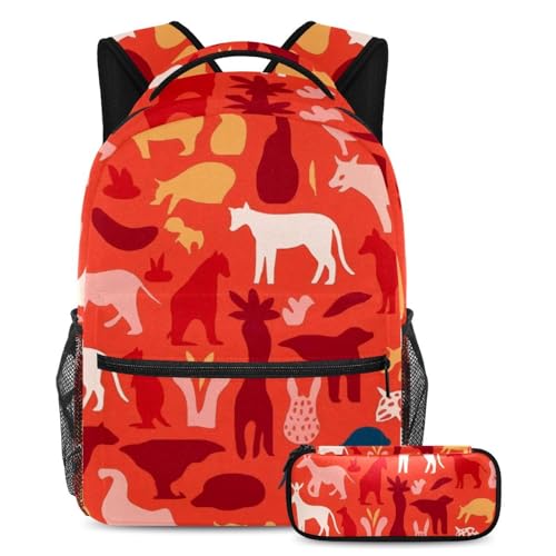 Sac à dos et trousse scolaire rouge pour garçons et filles style animal multicolore