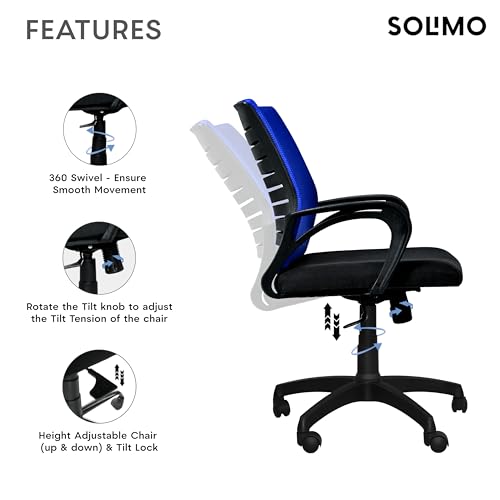 Image of Amazon Brand - Solimo Sitly Mid Back Revolving Office Chair for Work from Home, Study, and Computer Use | Heavy Duty Base | Ergonomic Mesh Design | Durable & Comfortable Seating (Blue Mesh)