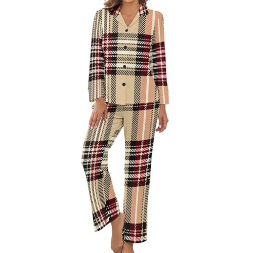 Pyjama femme 2 pièces imprimé plaid écossais avec haut boutonné à manches longues et pantalon