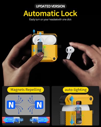 Image of Pohgelan for AirPods 4 Case with Safety Lock-Yellow | Carbon Fiber Texture Cover,Magnetic Automatic Lock with Cleaning Kit&Keychain,Compatible with Magsafe