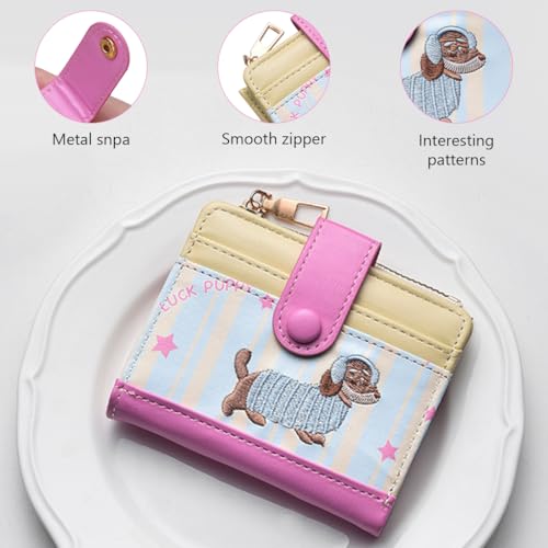 Image of PALAY Kawaii Girls Card Holder Wallet Card Bag Cash Coin Purse Multi Layer Zipper Wallet Purse Embroidered Cartoon Dachshund PU Coin Purse Gift for Girls, 10.5x8.5x2cm