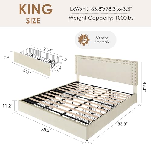 Image of VECELO King Size Upholstered Bed Frame with 4 Storage Drawers, Adjustable Velvet Rivet Decor Headboard, Wooden Slats Platform Support, No Box Spring Needed, Easy Assembly,Beige