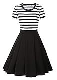 BI.TENCON Women's Black and White Striped Short Sleeves Vintage Flared Casual Dress Midi Length XL