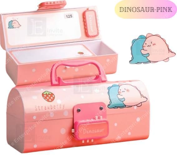 Image of WORSHIPER New Cartoon Theme Pencil Box with Push Pull Eraser Set for Kids | Suitcase Style Password Lock Stationery Organizer | School Supplies Gift Combo for Boys & Girls (Dino Pink + Eraser)