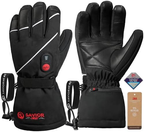 SAVIOR HEAT Heated Gloves for Men Women, 3M Thinsulate Rechargeable Electric Heated Waterproof Leather Skiing and Snowboarding Gloves (XL)