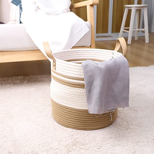 Jlkimzvo Cotton Rope Laundry Hamper,Woven Storage Basket Collapsible Laundry Basket For Blankets,Toys,Clothes,Shoes,Plant Organizer Bin With Handles Living Room Home Decor-Brown & White #TOP5