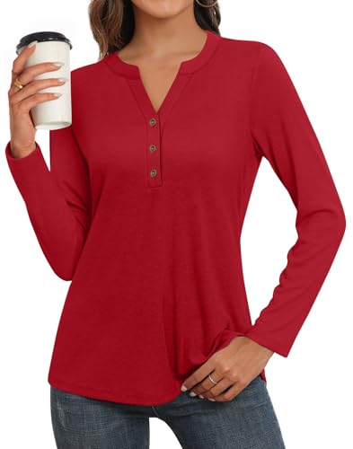 Aodemo Women's Fall Long Sleeve Tunic Tops V Neck Henley Shirts Button Up Casual Winter Sweatshirt