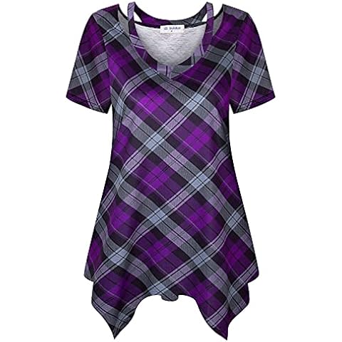 Bulotus Tunics to Wear with Leggings Short Sleeve Cut Out V Neck Summer Tops and Blouses, Black Purple Plaid, Large Cover