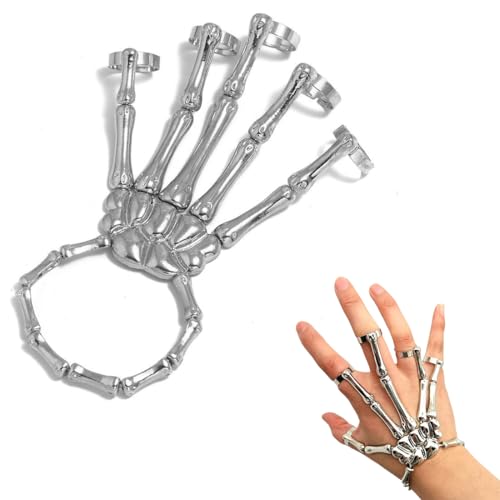JEYORZY 1 peça pulseira de mão de esqueleto de caveira com anel pulseira punk de Halloween, pulseira de osso punk de esqueleto, mãos de esqueleto de Páscoa, corrente de mão fantasma de pulseira