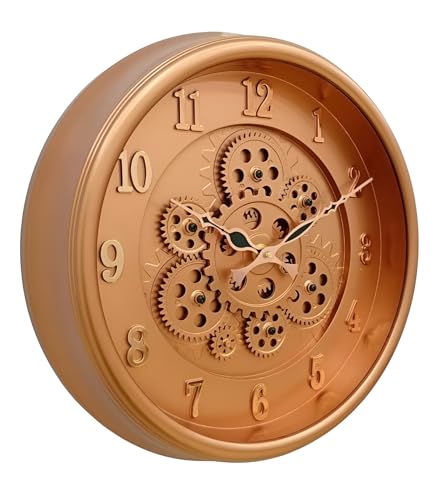 Image of De'rons Rotating Moving Gears Wall Clock Industrial Steampunk Real Moving Gear Designer Wall Clock for Living Room Home Decor Office Wooden Look Plastic Round 32cm DC-1387 (P.Copper)