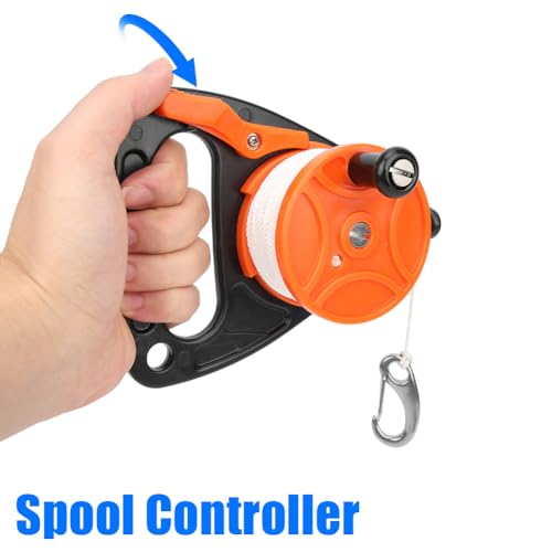 Lwuey Dive Reel with Thumb Stopper,150ft Scuba Ratchet Diving Spool High Visibility White Line Safety Handle Stop Switch for SMB Cave Wreck Snorkeling Kayak Underwater Activities - Image 2