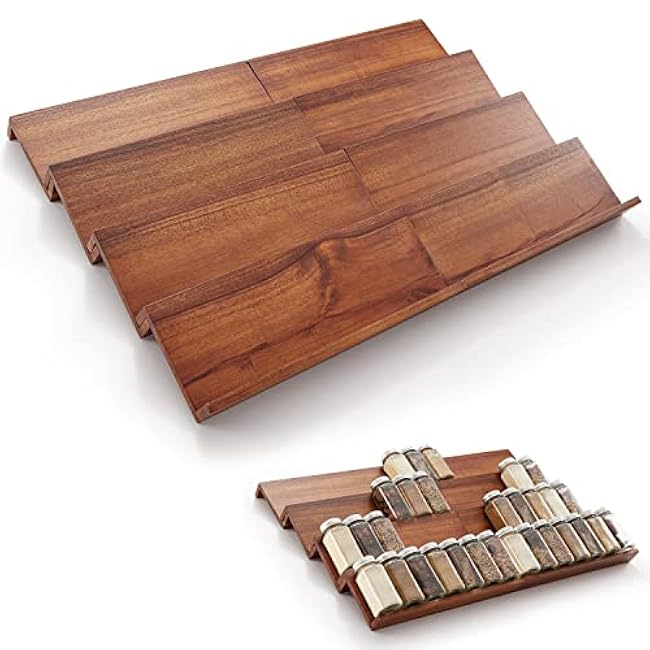 Tinamo Acacia Wooden Spice Rack Organizer for Cabinet - Spice Drawer Insert, Spice Organization for Cabinet, Seasoning Organizer, 4-Tier Spice Jar Rack for Drawer, Spice Holder Pack of 8 (64 Jars)