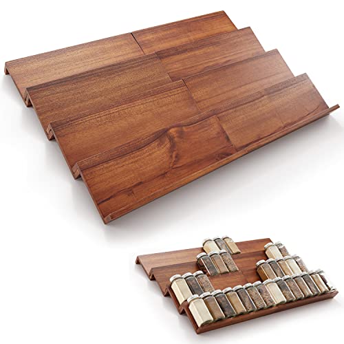 Image of Tinamo Spice Drawer Organizer-Acacia Wooden Countertop Tray Spice Racks Organizer For Cabinet Storage Shelf-4 Tier Spice Rack Organizer For Drawer 64 Jars, Tiered Shelf