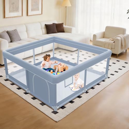 Image of XVISHX 50 x 50 Inch Baby Playpen, Playpen for Babies and Toddlers, Baby Play Pen Playard for Indoor & Outdoor Active Center Game Fence, with Skin-Friendly Fabric and Soft Breathable Mesh, Grey