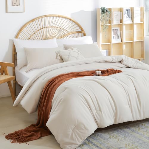 Image of weigelia Beige Comforter Queen Size 3PCS Bed Comforter with 2 Pillowcases - Ligtweight Soft Solid All Season Queen Comforter Bed Set - Boho Aesthetic Bedding Set for Men and Women
