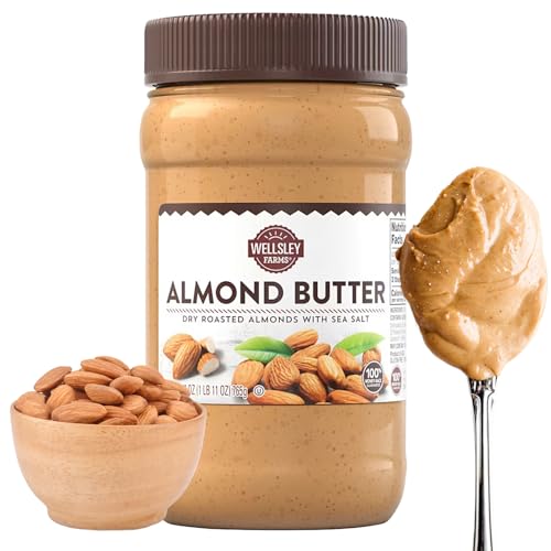 Wellsley Farms Almond Butter with Sea Salt, 27 oz – Gluten-Free, Creamy & Smooth Texture, Made with Dry Roasted USA-Grown Almonds, Peanut-Free, High-Protein Spread for Toast, Smoothies & Baking