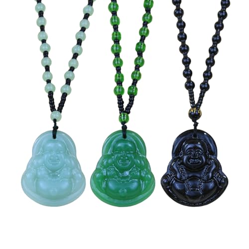 FORUBUS Green Jade Buddha Circle Red String Pendant Necklace - Chinese Traditional Amulet for Luck and Protection