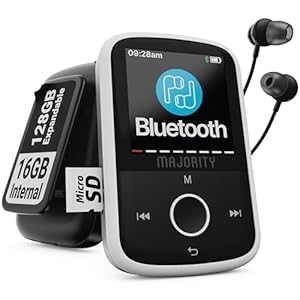 MP3 Player with Bluetooth and Sports Clip | Earbuds Included, Expandable to 128GB | Bluetooth MP3 Music Player, HD Color Screen, 34 Hours Battery Life | SD and USB-C | Majority MP3 GO Music Player