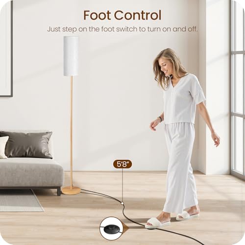 Image of Wooden Textured Pole Lamp, Dimmable Floor Lamps for Living Room with Remote and Foot Switch, 64.4 inch Standing Tall Lamp, Corner Floor Light for Bedroom, Bulb Included, 3000K-6500K, FCC Listed XE06LD05W1